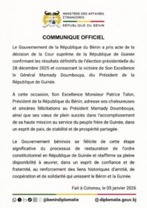 Relation Bénin-Guinée : Patrice Talon félicite Mamady Doumbouya