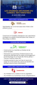 1er Conseil des ministres de l&rsquo;année 2026: de nombreuses mesures prises