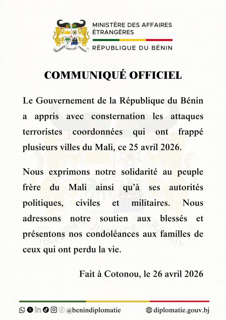 Bénin : soutien au peuple malien après l’attaque terroriste du 25 avril